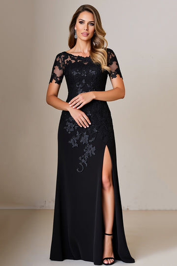 Black Sheath Satin Short Sleeves Long Mother of the Bride Dress with Slit